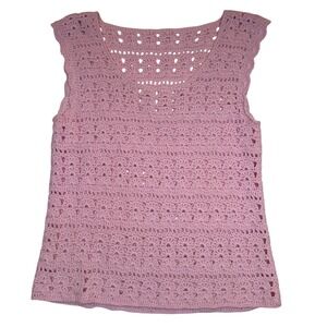 Vintage Handmade Crochet Tank Top Pink Shell Stitch Cottagecore Boho Small